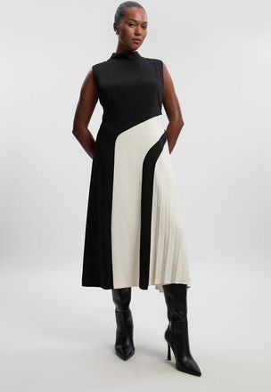 Karen Millen Womens Plus Size Soft Tailored Colour block High Neck Pleated Midi Dress - Monochrome Multi - Size 20 UK