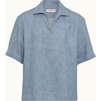 Orlebar Brown Vincent Linen Relaxed Fit Overhead Linen Shirt in Bergamo Blue at Nordstrom, Size X-Large