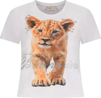 Blumarine Tops, Dames, Wit, S, Katoen, Jersey T-shirt met leeuwenprint en strass-logo