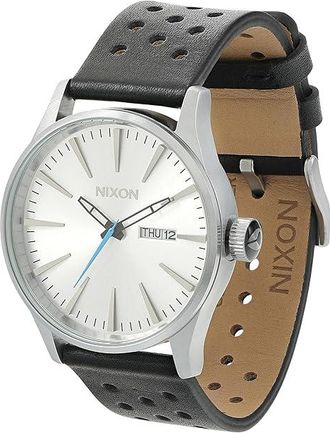 Nixon Sentry Leather Mens Watches Chrome/Silver Sunray/Black, Leather/Stainless Steel
