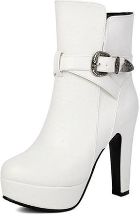 Generic Womens Fashion Buckle Strap Ankle Boots Platform Round Toe Chunky Heels Side Zipper Winter Casual Versatile Shoes (5.5,White)