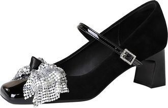 Generic Womens High Heels Single Shoes Square Toe Thick Heel Sequined Bow Mid Heel Womens Shoes Girls Heels Size 5 (Black, 3.5)