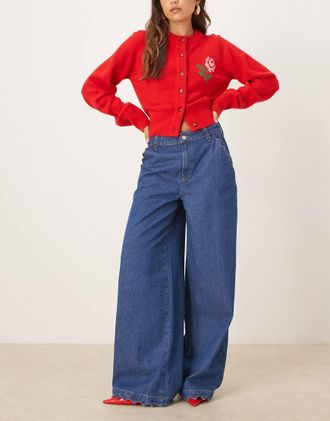 Asos Jeans palazzo con fondo ampio lavaggio scuro con dettaglio sul fondo-Blu