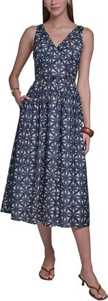 Halston Heritage Sleeveless V-Neck Printed Linen-Blend Sundress