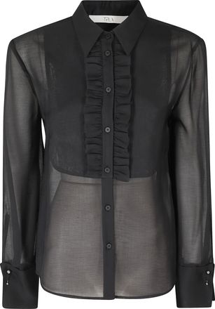 Tela Black Sheer Ruffle Classic-Collar Shirt