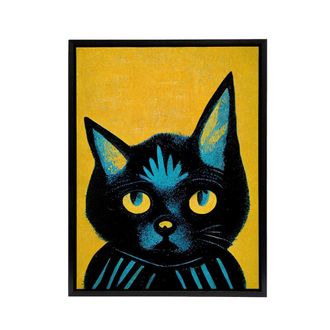 Artery8 Quirky Black Cat Framed Canvas Wall Art Print in Yellow | Size: W24 x H32