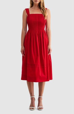 Mila Mae Pleat Bodice Cotton Midi Dress in Red at Nordstrom, Size X-Large