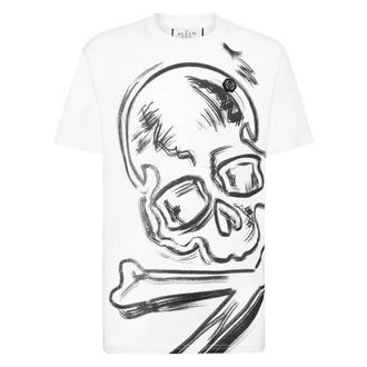 Philipp Plein Tops, Heren, Wit, L, Katoen, T-Shirt Round Neck Skull&Bones