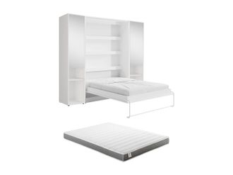Vente-Unique Cama abatible vertical 140 x 200 cm - 2 columnas de almacenamiento - Con espejos y LEDs - Blanco + Colch&oacute;n - RAPILI