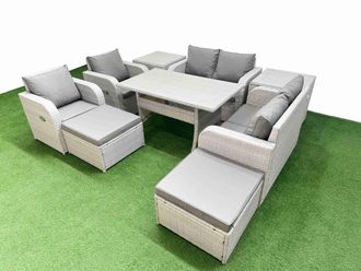 Fimous 8 Seater Outdoor Reclining Chair Love Sofa Set Rattan Garden Furniture Set w/ Rectangular Dining Table 2 Big FootStools 2 Side Table Light Grey
