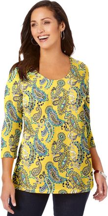 Jessica London Stretch Cotton Scoop Neck Tee in Yellow Playful Paisley at Nordstrom, Size 40