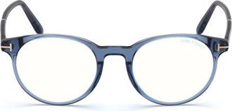 Tom Ford 49mm Round Blue Light Blocking Glasses in Shiny Blue /Blue Block at Nordstrom