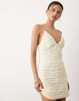 Mango Vestito corto color crema arricciato con spalline-Neutro