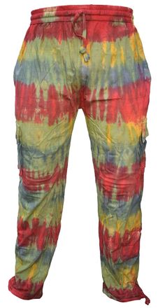 Gheri Tie Dye Cargo Lightweight Drawstring Hem Cotton Pants Green Stripe XX-Large