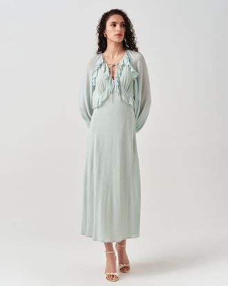 Ghost London Naomi Long Sleeve Frill Midi Dress in Mint Green at Nordstrom, Size 14