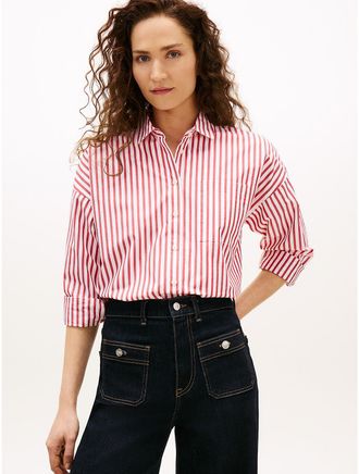 Tommy Hilfiger Womens Relaxed Stripe Poplin Shirt - Red - XXL