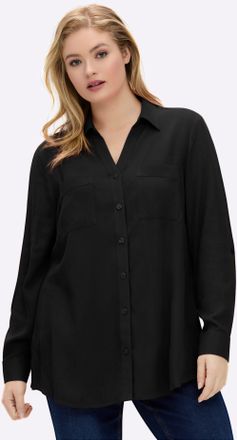 Sheego Langarmbluse SHEEGO, Damen, Gr. 42, schwarz, 100% Viskose, unifarben, V-Ausschnitt, Blusen Langarmbluse