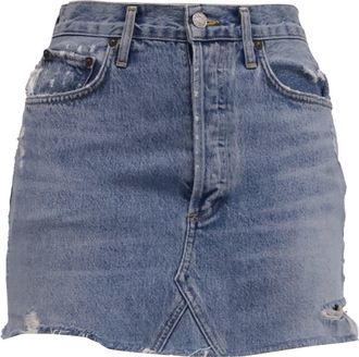 A Gold E Agolde Distressed Mini Denim Skirt in Blue Cotton