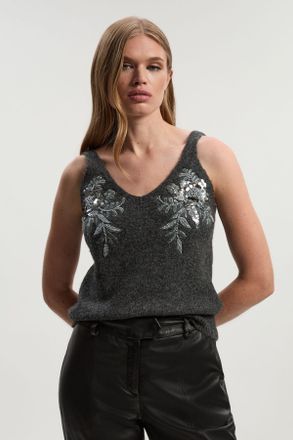 Karen Millen Womens Archive Floral Embellished Cosy Wool Blend Camisole Top - Charcoal - Size X-Small