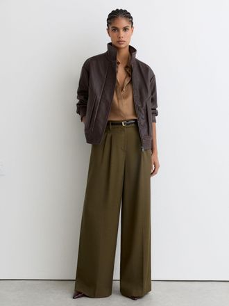 Reiss Khaki Green Wide-leg Pleated Trousers, 10L