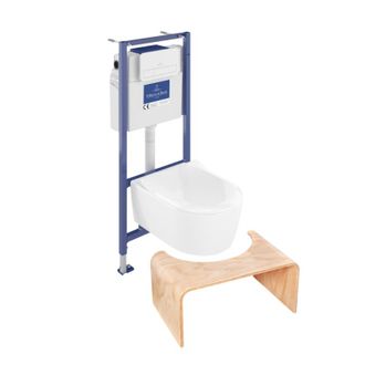 Villeroy & Boch Pack Inodoro Suspendido Sin Reborde Villeroy Et Boch Avento + Estructura De Soporte Viconnect Pro + Asiento Con Cierre Suave + Placa Blanca + Taburete