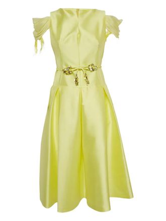 Paule Ka Midi-jurk met veren afwerking en strik detail - Geel