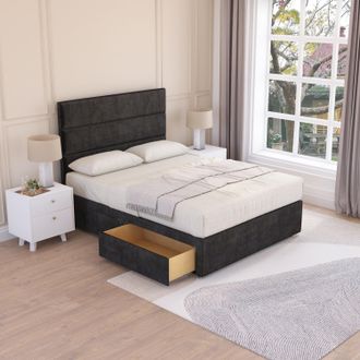Sloomy Texas Plush Bed Set With 4 Drawers, Mattress & 26 Headboard in Black | Size: Double