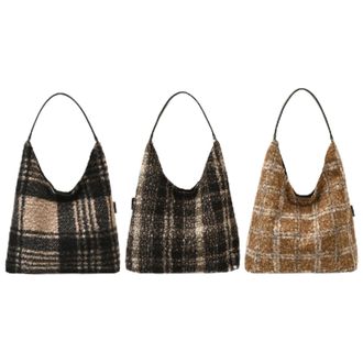 Generic Women Plush Plaid Tote Bag Large Capacity Shoulder Bag for Work Travel (style 2)