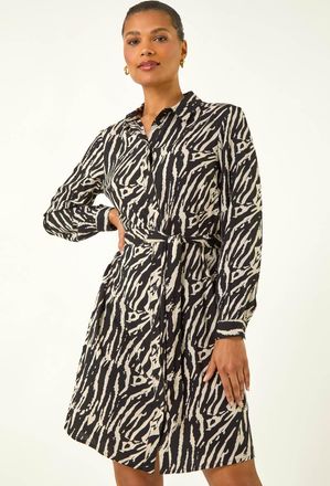 Roman Animal Print Tie Waist Shirt Dress