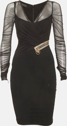 Versace Black Jersey And Tulle Draped Midi Dress