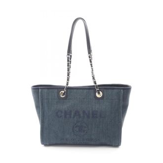 Chanel Blue Navy Leather Straw Tote Bag (Pre-Owned)
