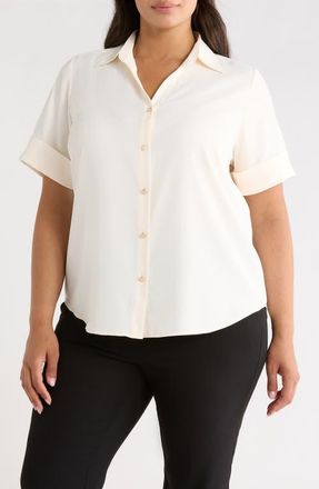 Anne Klein Short Sleeve Button-Up Shirt in White Dove at Nordstrom, Size 0X