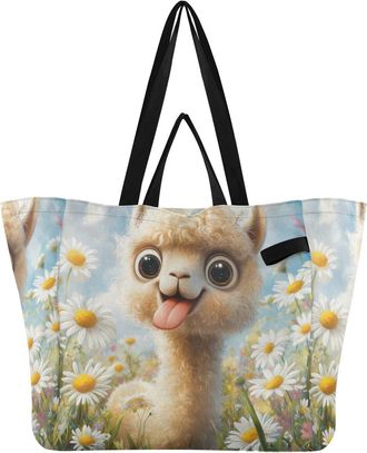 Generic Alpaca Daisies White pattern Reusable Canvas Tote Bag, Heavy Duty Grocery Shopping Bag with Large Capacity Double Handles Hard Bottom Work Groceries T