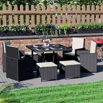 Home Discount Cuba Rattan Garden Furniture 8 Seater Folding Dining Set Outdoor Table & Chairs, Black-With-Cover