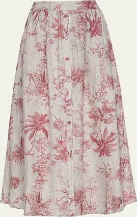 L'agence Seina Pleated Etoile-Print Linen Midi Skirt