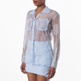 Burberry Ladies Pale Blue Long-sleeve Lace Shirt, Brand Size 4 (US Size 2)