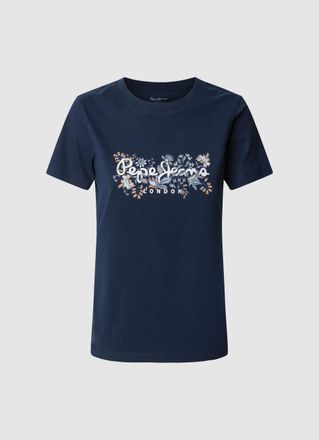 Pepe Jeans London T-Shirt PEPE JEANS ROSALIND, Damen, Gr. XL, blau (ocean blau 588), Single Jersey, Obermaterial: 100% Baumwolle, bedruckt, regular fit, Rundhals, Shirt