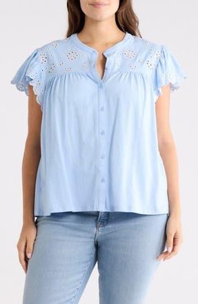 Chelsea & Theodore Eyelet Embroidery Flutter Sleeve Top in Chambray Blue/White at Nordstrom Rack, Size 1 X
