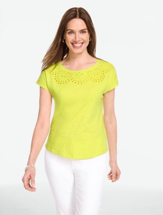 Talbots Plus Petite - Eyelet Seashell T-Shirt - Limeaide - 1X - 100% Cotton Talbots
