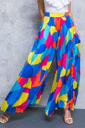 Flying Tomato Pleated Woven Pant In Blue/fuchsia