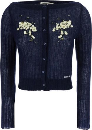 Shushu/Tong Cardigan met bloemenversiering - Dames - Vesten - Blauw - XS - Wol - Truien & Vesten