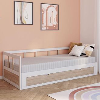 IDMarket Sof&aacute; Cama Convertible Zoya 90 X 190 Cm 180 X 190 Cm Blanco Y Haya Con 1 Caj&oacute;n De Almacenaje