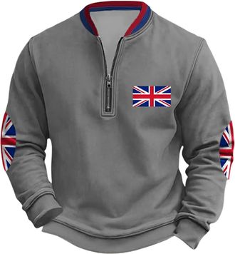 Generic Mens Union Jack Sweatshirt 1/4 Zip Long Sleeve Jumpers Bunting Flags Print Great Britain Pullover Winter Warm Tops Plus Size (B17-Grey, XL)