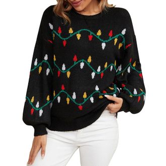 Generic Pullover Sweater for Women Girl 2024 Fashion Christmas Colorful Light Pattern Knit Sweater Long Sleeve Crewneck Tops Inc Petite Sweaters (Black, XL)