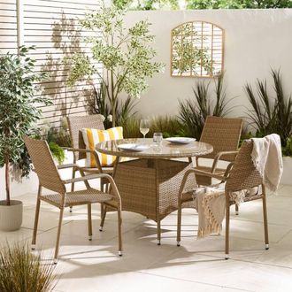 Furniturebox Antigua Rattan 4 Seat Round Table Garden Dining Set in Beige