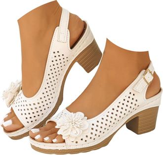 Generic Wedge Sandals for Women Summer Open Toe Low Chunky Heeled Ankle Strap Flower Shoes with Arch Support Dressy Breathable Wide Fit Low Heeled Sandal Fash