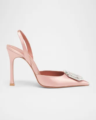 Amina Muaddi 105mm Camelia Satin Crystal Halter Pumps