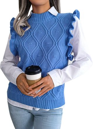 Feoya Women Sleeveless Pullover Y2k Sweater Vest Preppy Style V Neck Crop Knitwear Cable Knit Sweater Vests Tops for Autumn Spring C3 L