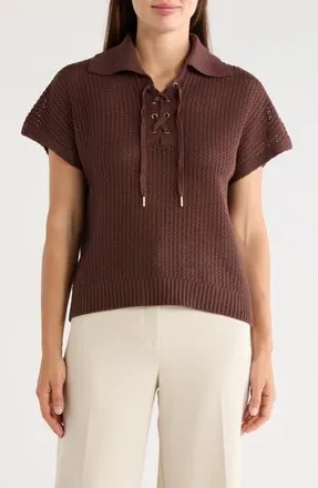 T Tahari Tie Neck Short Sleeve Open Stitch Sweater in Cocoa Bean at Nordstrom Rack, Size X-Large