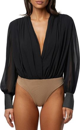 JLUXLABEL Pleated Long Sleeve Bodysuit in Black at Nordstrom, Size Medium